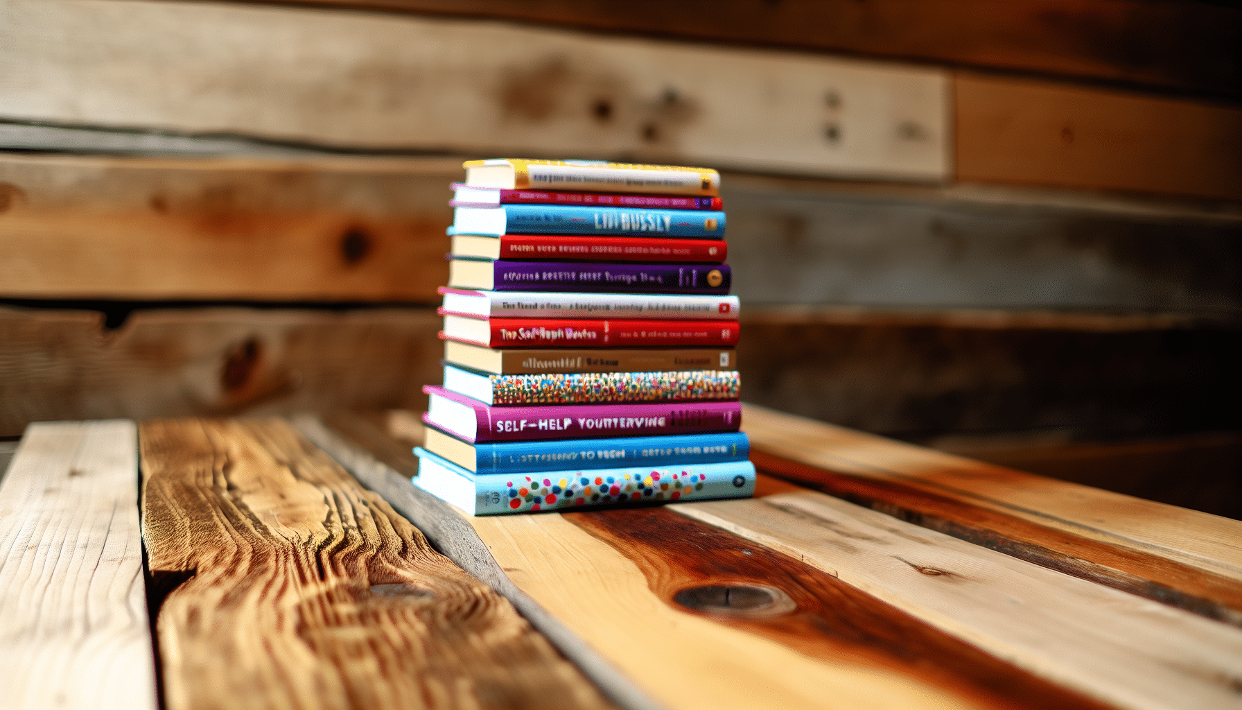 A stack of self-help books on a wooden table