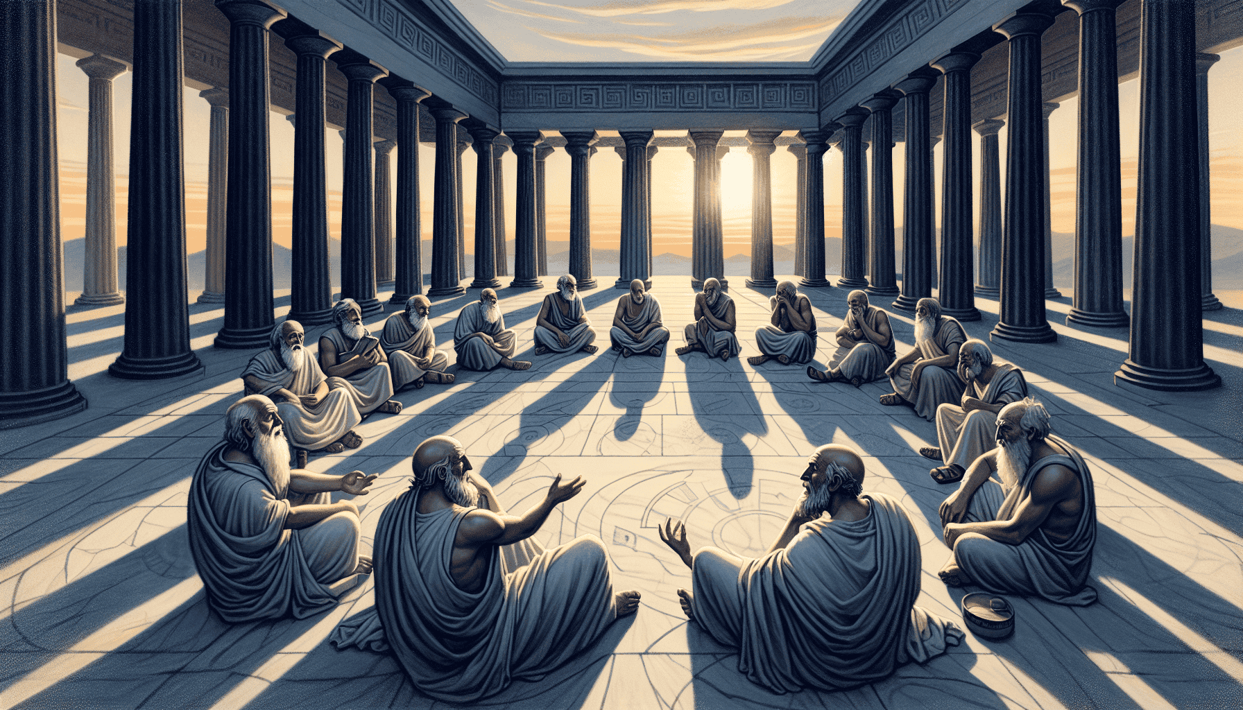 Illustration of Stoic philosophers discussing wisdom