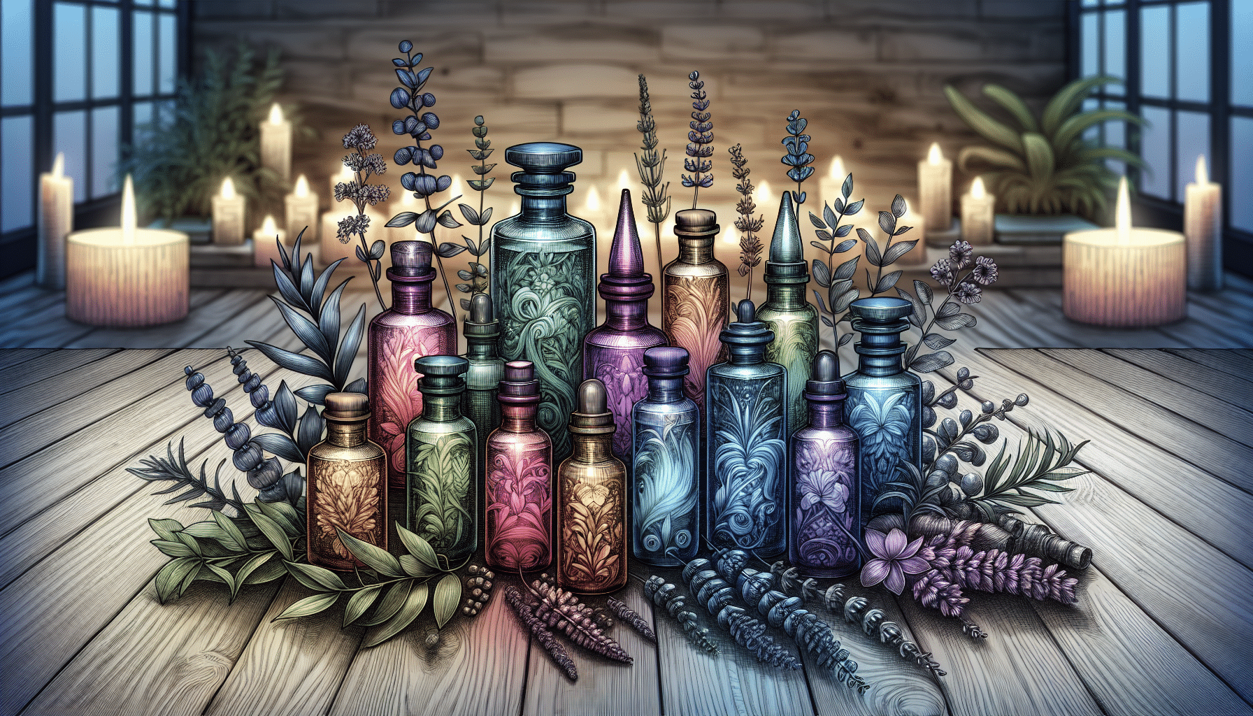 Illustration of essential oils and aromatherapy