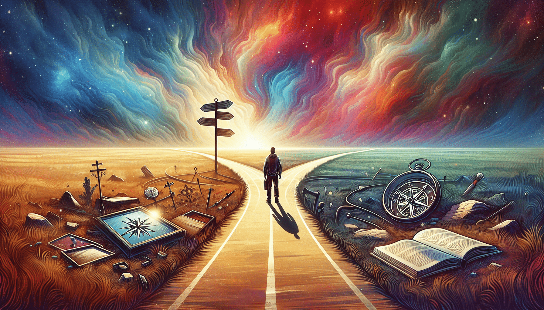 Illustration of a person standing at a crossroads, representing the journey to self-discovery and inner exploration